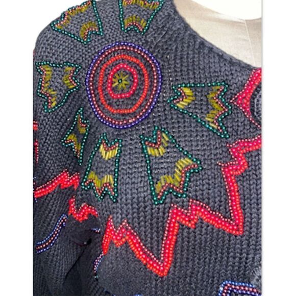 New York News Abstract Beaded Cardigan Vintage Sz. L Starburst Boxy, Y2K - Picture 4 of 11